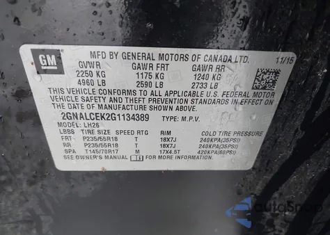 2016 Chevrolet Equinox Lt из США, поврежденный, VIN 2GNALCEK2G1134389